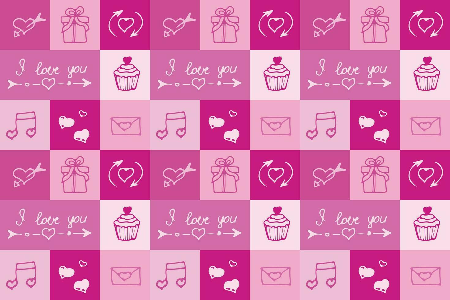 Valentijnsdag dag naadloos patroon in tekening stijl in vierkanten. afdrukken voor behang, stationair, omhulsel papier, textiel afdrukken, verpakking, enz. vector illustratie