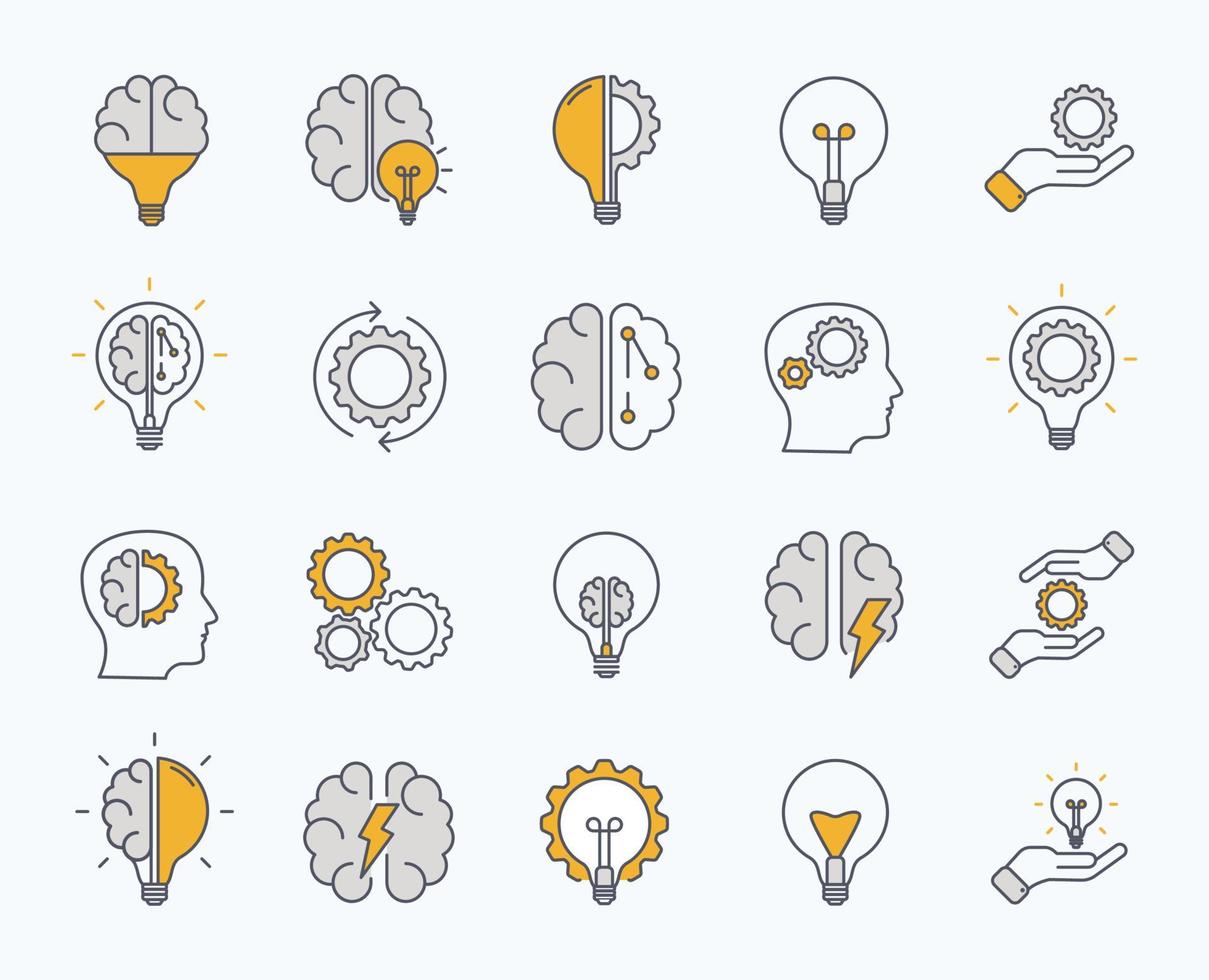 brainstorm pictogrammen instellen. kunstlicht, hersenen, gloeilamp, creatief, ontwikkeling, kennis, brainstormen, brainstormoplossing. vector illustratie