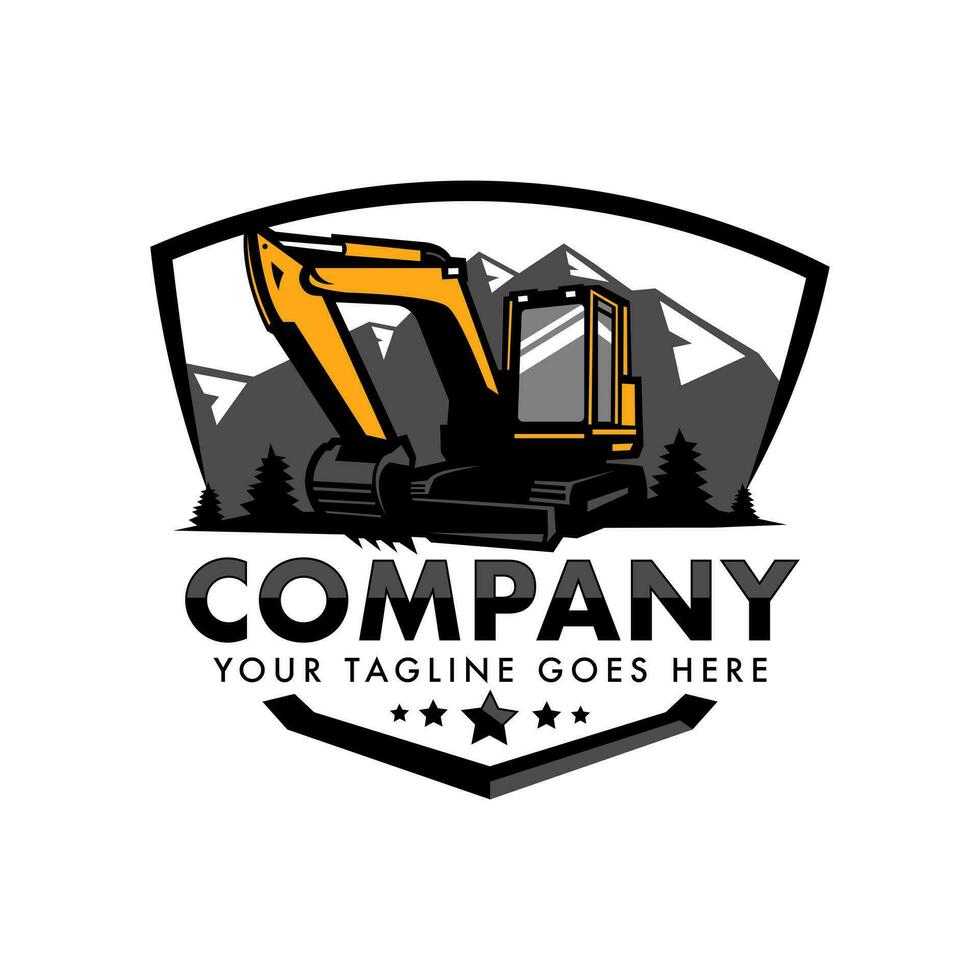 graafmachine logo ontwerp illustratie vector voor bouw bedrijf. backhoe met bergen in schild