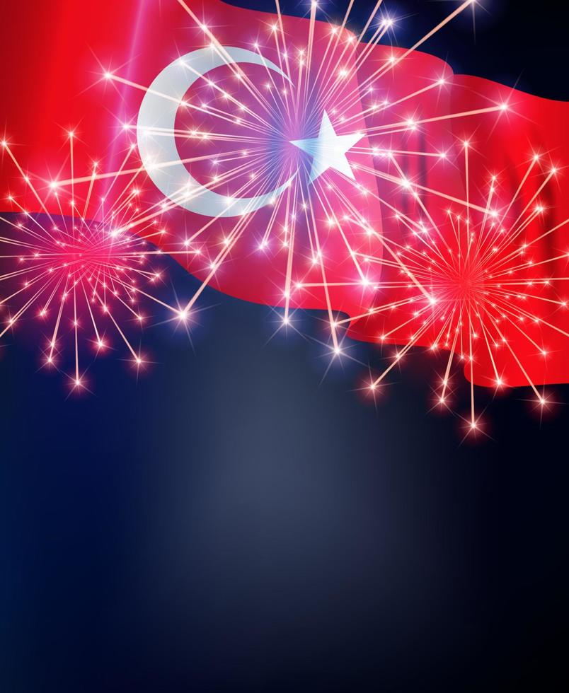 vlag van turkije op de achtergrond van de vakantie, overwinning, vuurwerk. vector illustratie