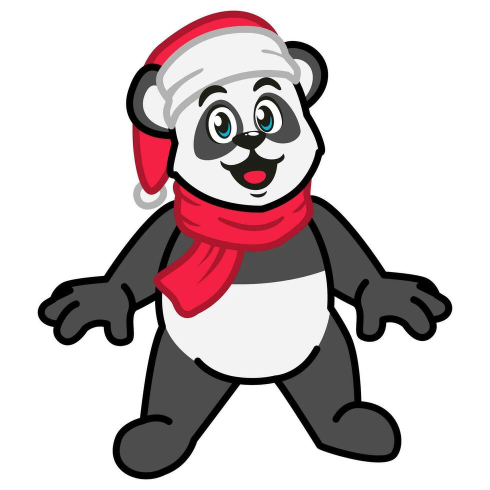 panda in een rood sjaal en een de kerstman hoed vieren Kerstmis vector