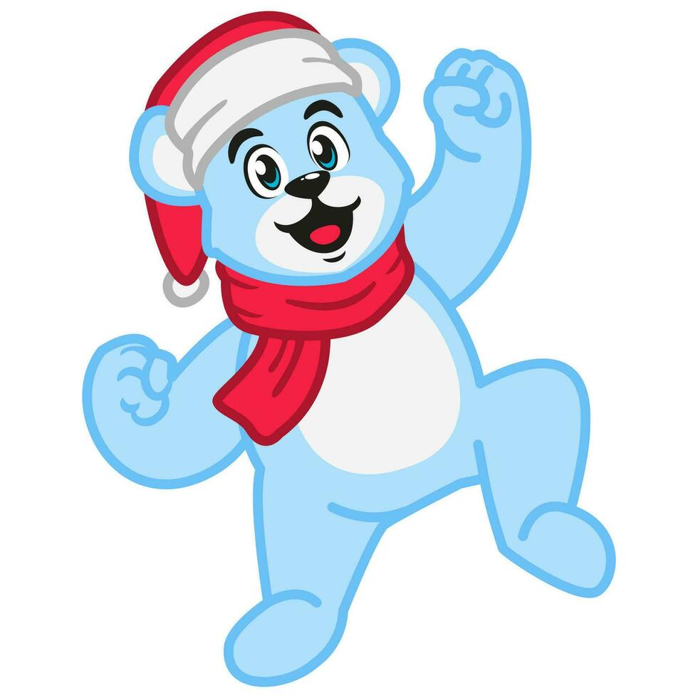 een schattig polair beer vervelend een de kerstman hoed en een sjaal vector