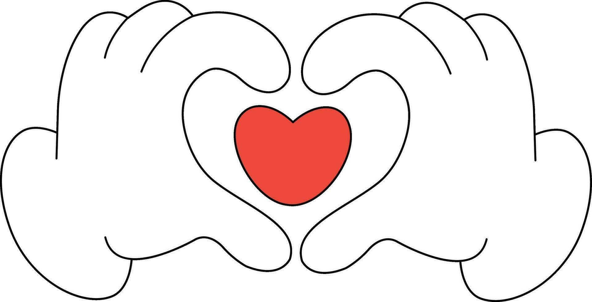 valentijnsdag dag. gebaar hart met handen. retro stijl jaren 60, jaren 70. tekenfilm, vlak stijl met beroerte vector