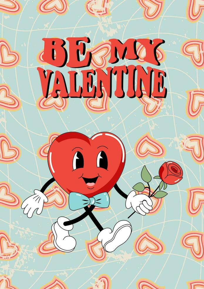 ansichtkaart, poster, valentijnsdag dag omslag. een tekenfilm grappig karakter in de vorm van een hart. retro stijl jaren 60, jaren 70. vector