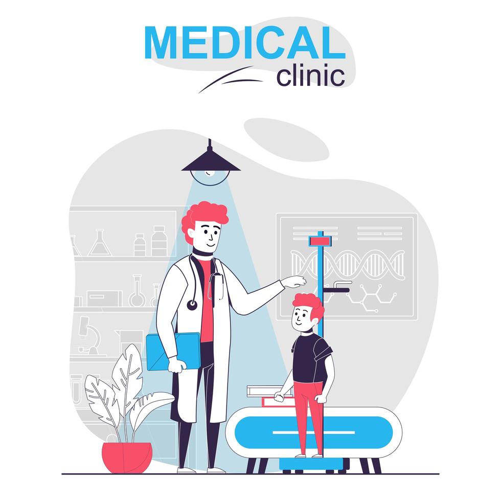 medische kliniek geïsoleerd cartoon concept. kinderarts meet jongenshoogte, onderzoekt patiënt, mensenscène in plat ontwerp. vectorillustratie voor bloggen, website, mobiele app, promotiemateriaal. vector