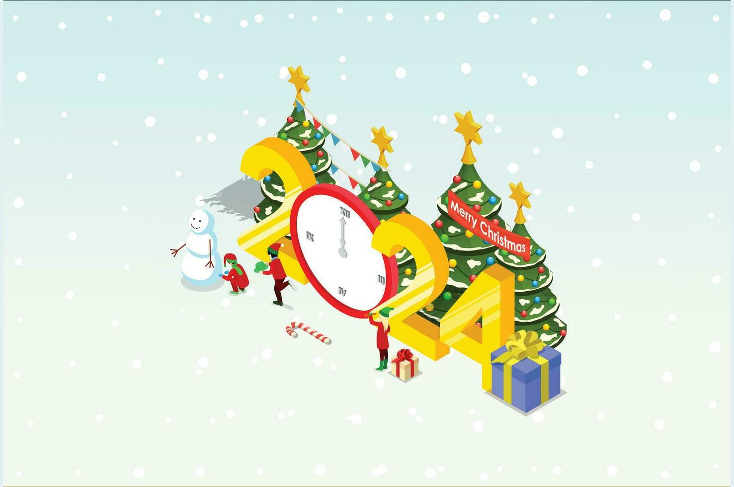 isometrische illustratie Kerstmis en nieuw jaar ontwerp concept. mensen viert Kerstmis en nieuw jaar met Kerstmis boom, geschenk dozen en sneeuwman. geschikt voor infographics en boek illustratie vector