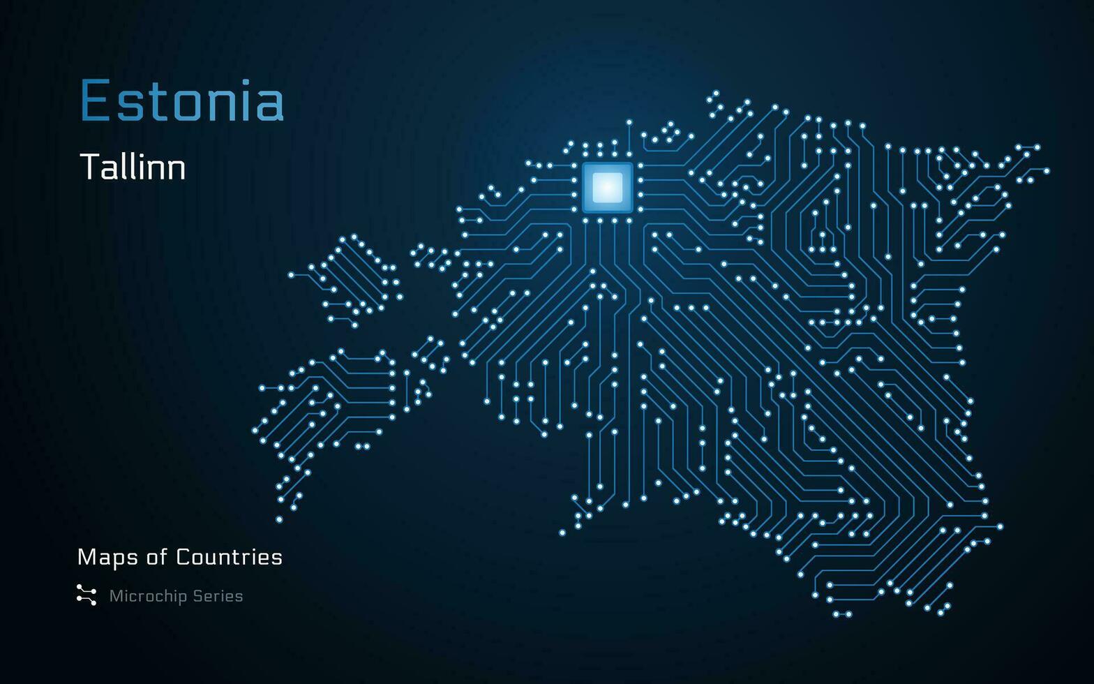 Estland kaart met een hoofdstad van Tallinn getoond in een microchip patroon met verwerker. e-overheid. wereld landen vector kaarten.