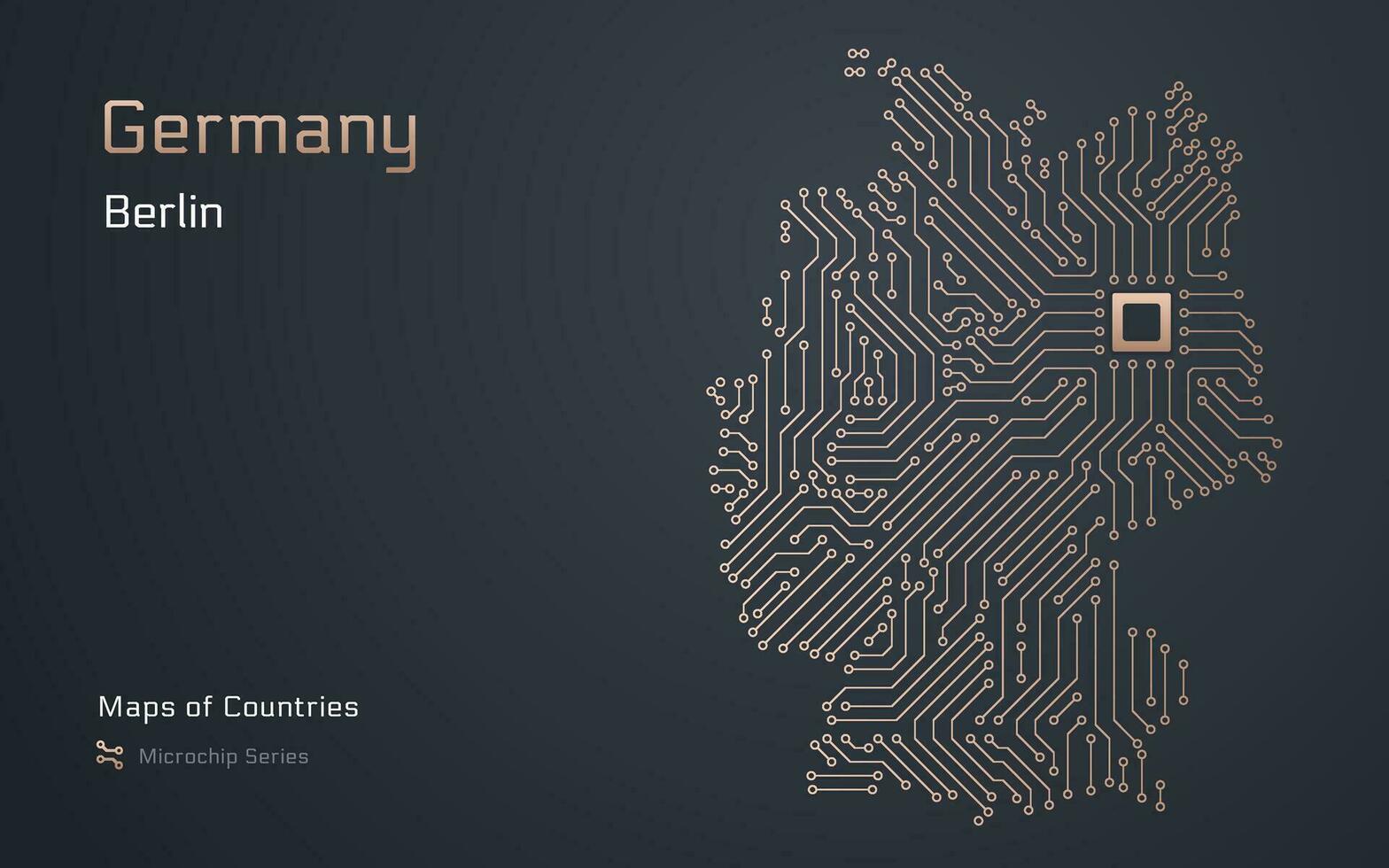 Duitsland kaart met een hoofdstad van berlijn getoond in een microchip patroon met verwerker. e-overheid. wereld landen vector kaarten