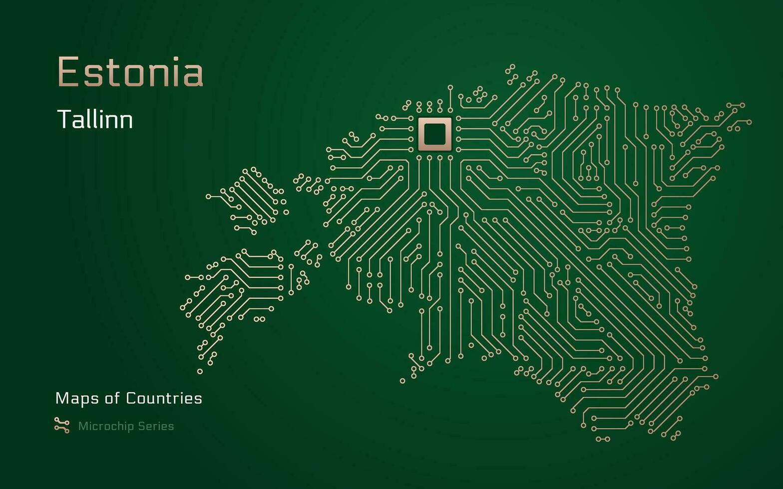 Estland kaart met een hoofdstad van Tallinn getoond in een microchip patroon met verwerker. e-overheid. wereld landen vector kaarten.