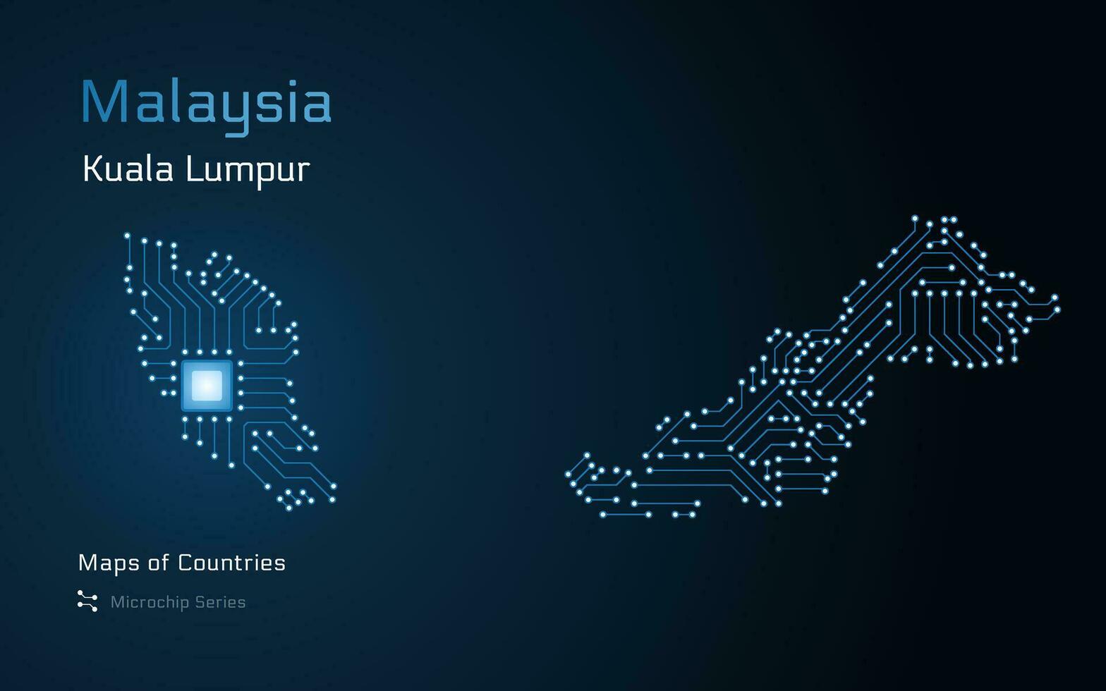 Maleisië glanzend kaart met een hoofdstad van Kuala lumpur getoond in een microchip patroon met verwerker. e-overheid. wereld landen vector kaarten. microchip serie