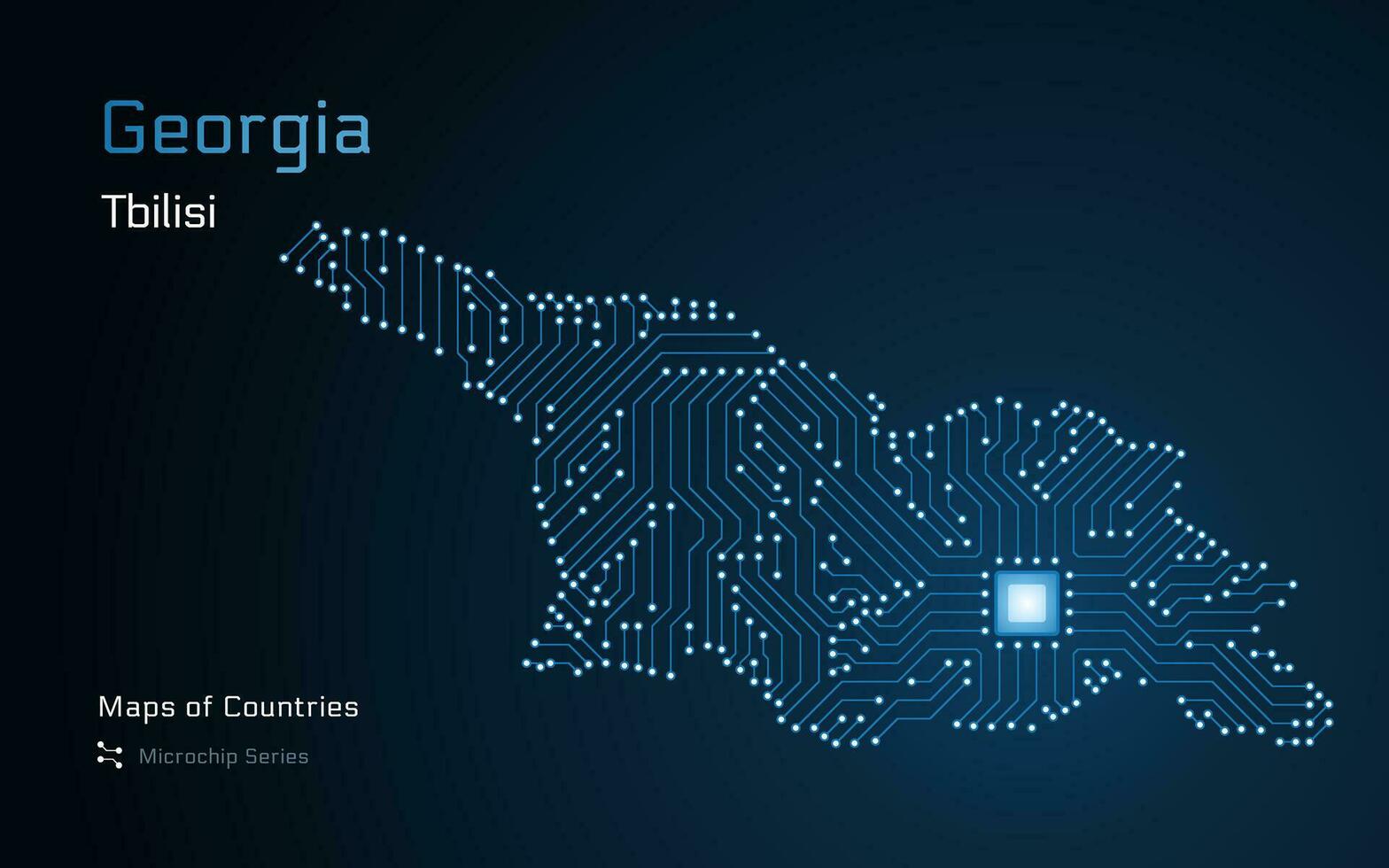 Georgië kaart met een hoofdstad van tbilisi getoond in een microchip patroon met verwerker. e-overheid. wereld landen vector kaarten.