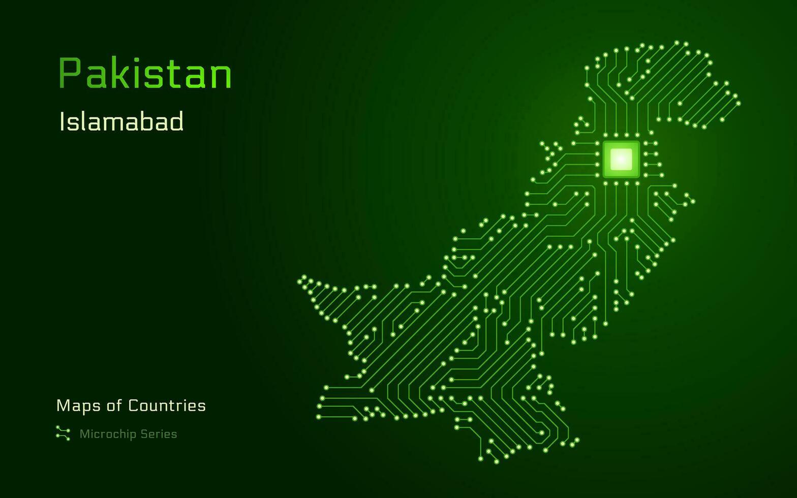 Pakistan kaart met een hoofdstad van islamabad getoond in een microchip patroon met verwerker. e-overheid. wereld landen vector kaarten.