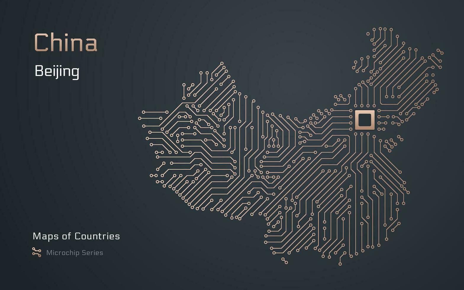 China kaart met een hoofdstad van Beijing getoond in een microchip patroon met verwerker. e-overheid. wereld landen vector kaarten. microchip serie