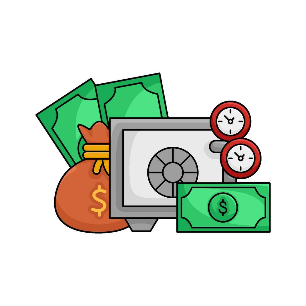 veilig geld, geld, klok tijd met geld zak illustratie vector