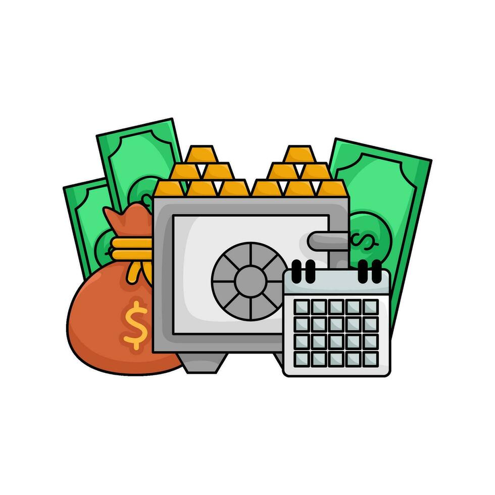 veilig geld, kalender, geld tas, geld met bar goud illustratie vector