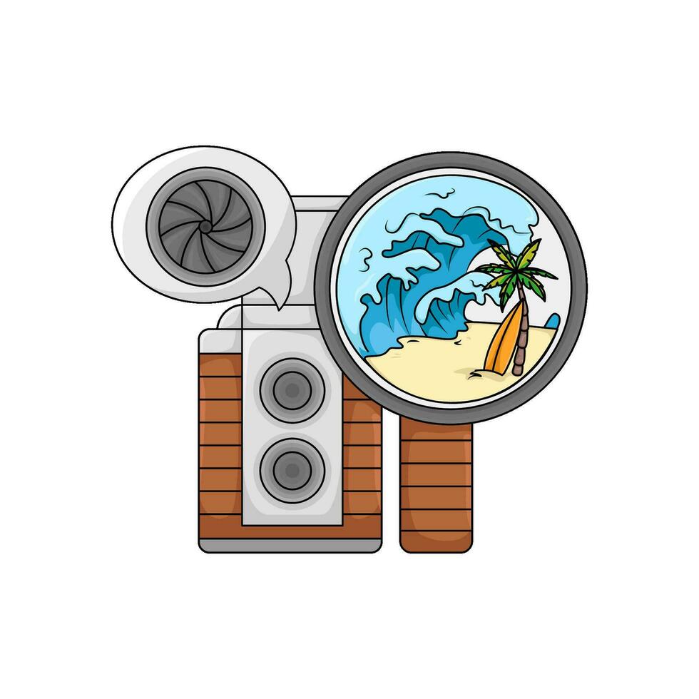 camera foto, schutter camera in toespraak bubbel met strand afbeelding illustratie vector