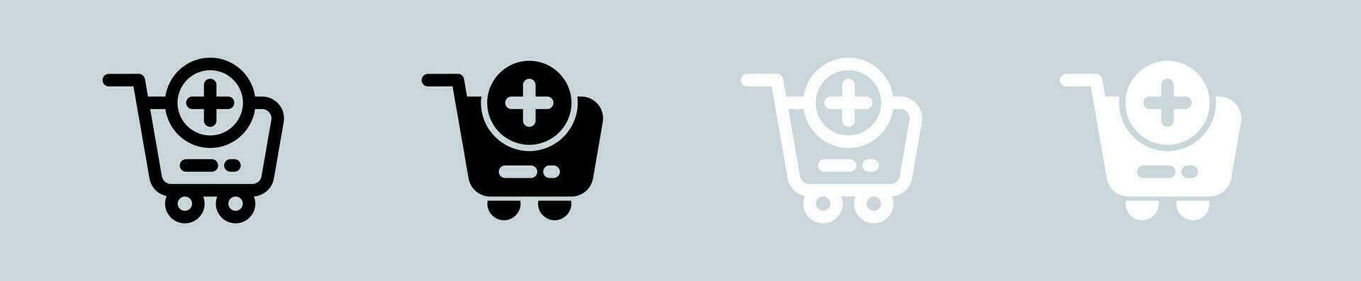 toevoegen kar icoon reeks in zwart en wit. uitchecken tekens vector illustratie.