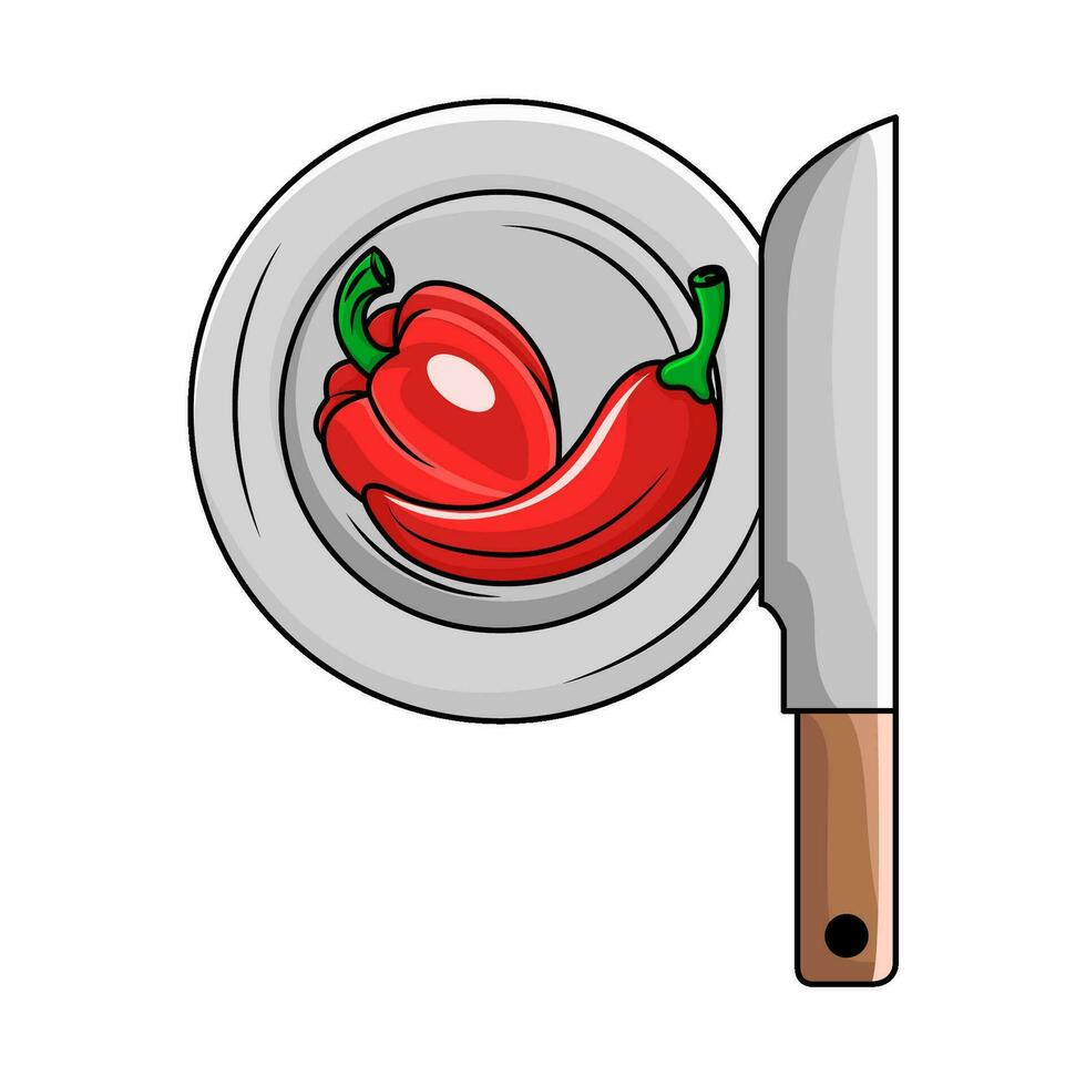 Spaanse peper, paprika's in bord met mes illustratie vector