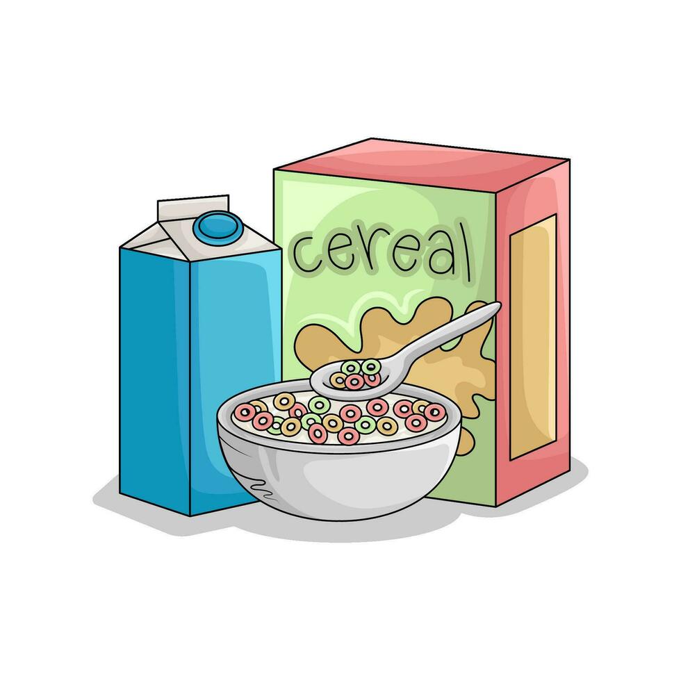 ontbijtgranen doos, melk met ontbijtgranen in kom illustratie vector