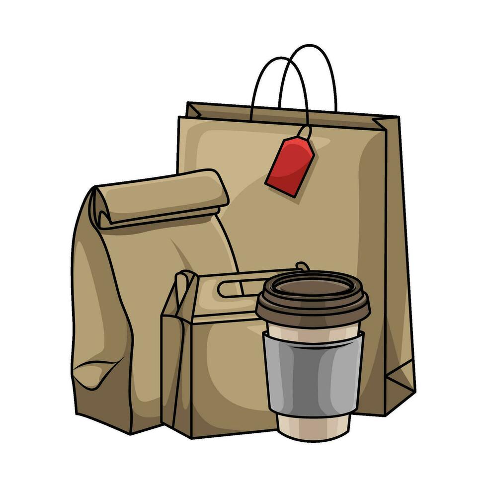papieren zak met kop koffie drinken illustratie vector