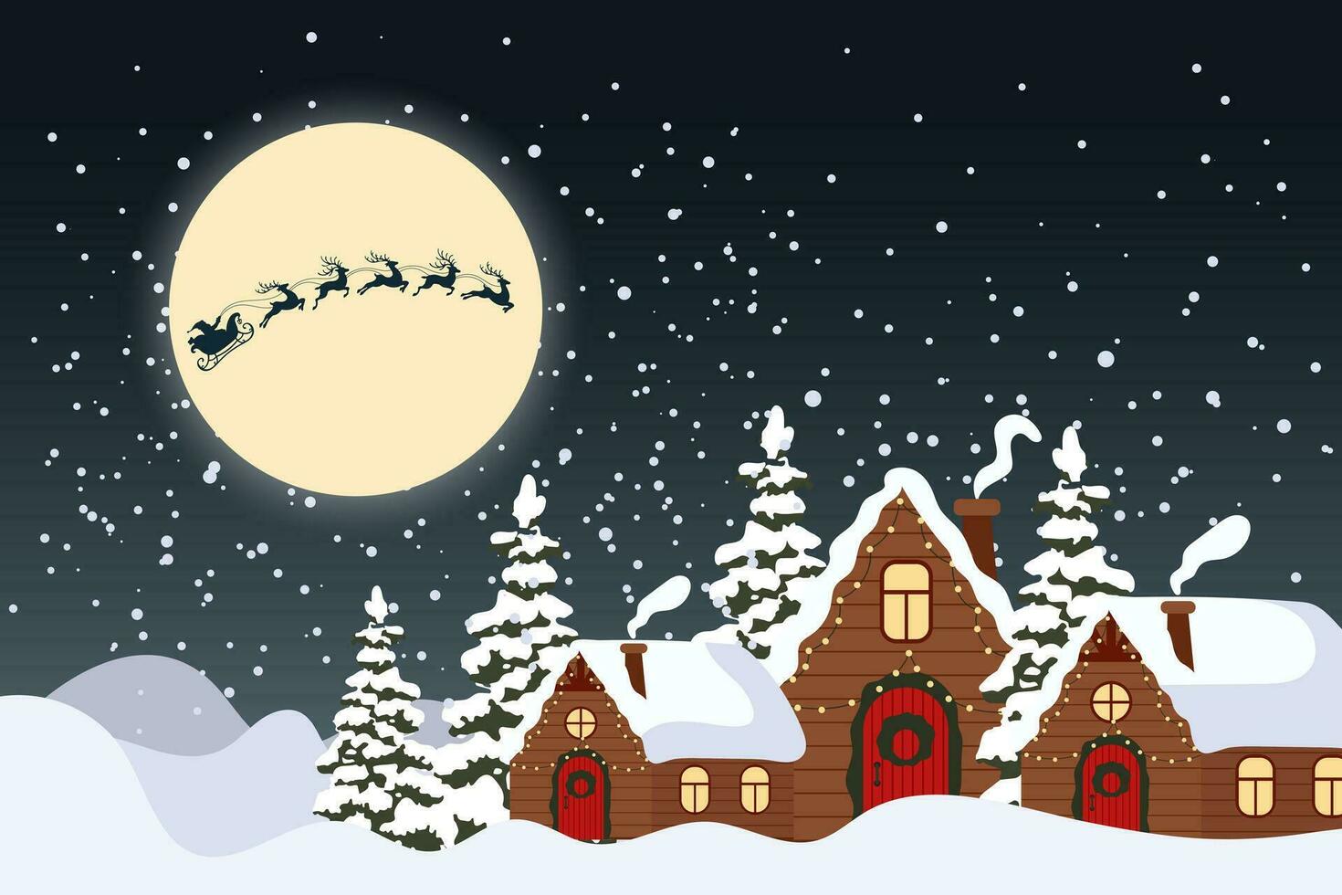 winter landschap met schattig huizen en de kerstman Aan een slee met rendier in nacht lucht. vrolijk Kerstmis groet kaart sjabloon. illustratie in vlak stijl. vector