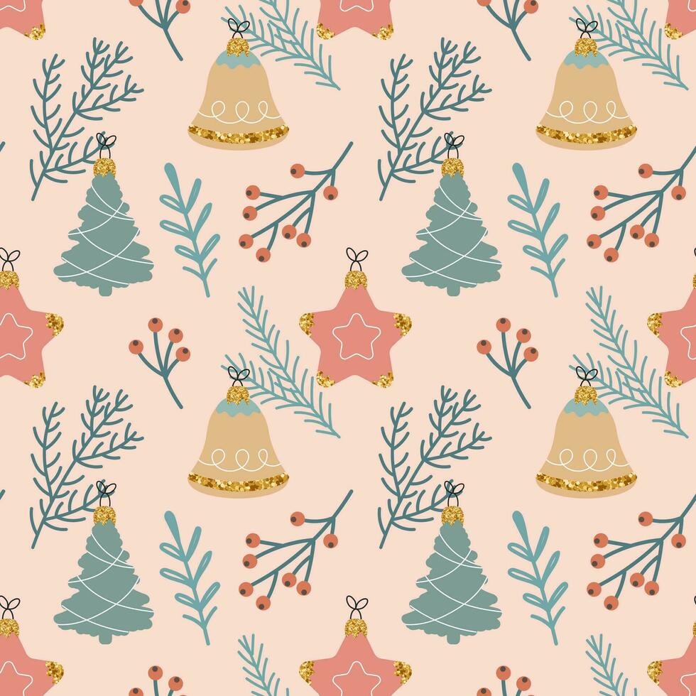 Kerstmis naadloos patroon met Kerstmis boom decoraties en takjes. nieuw jaar ontwerp. achtergrond, afdrukken, vector