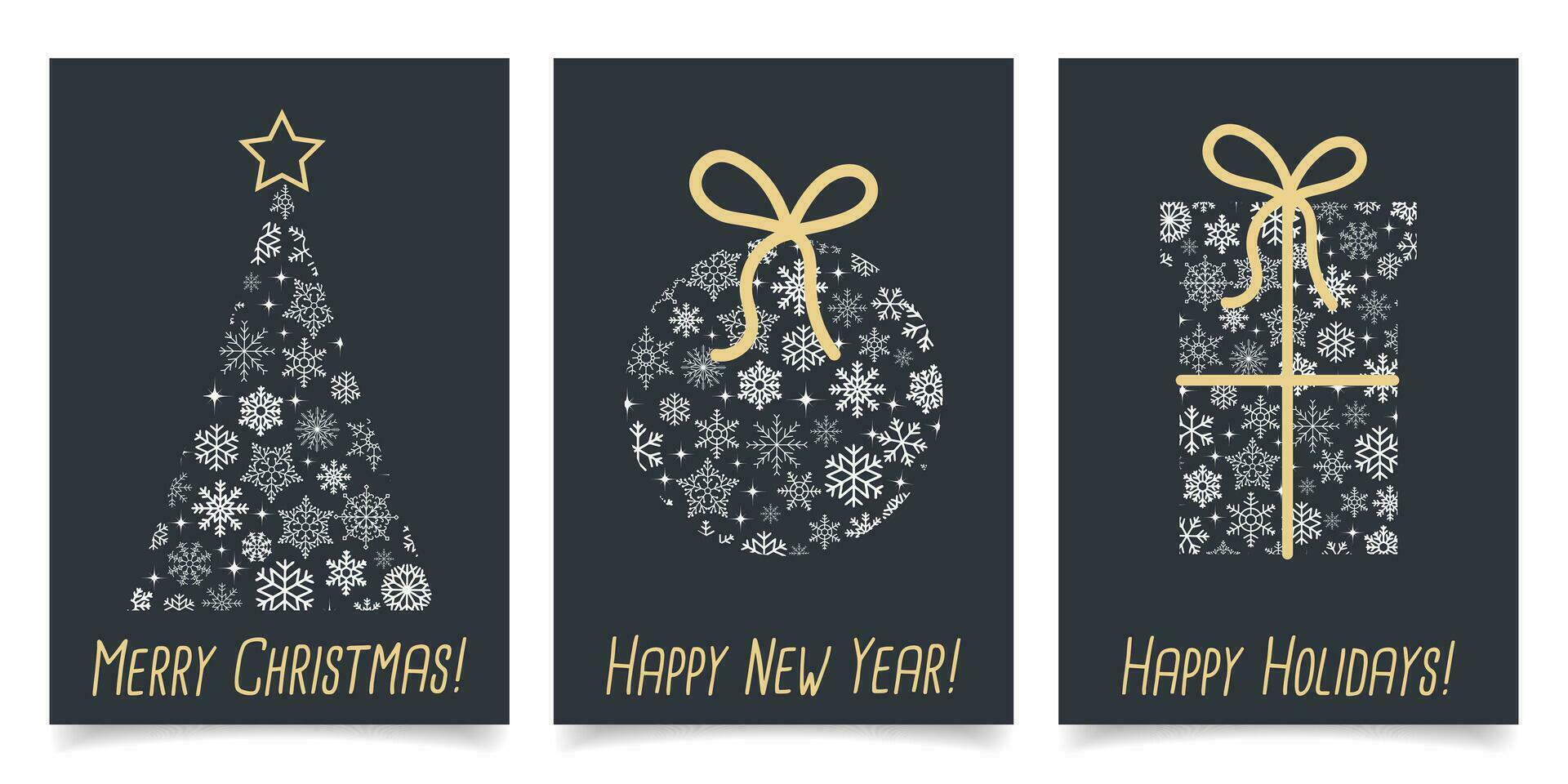 nieuw jaar kaarten met een geschenk doos, een Kerstmis bal en een Kerstmis boom gemaakt van sneeuwvlokken. Sjablonen in minimaal stijl, vector