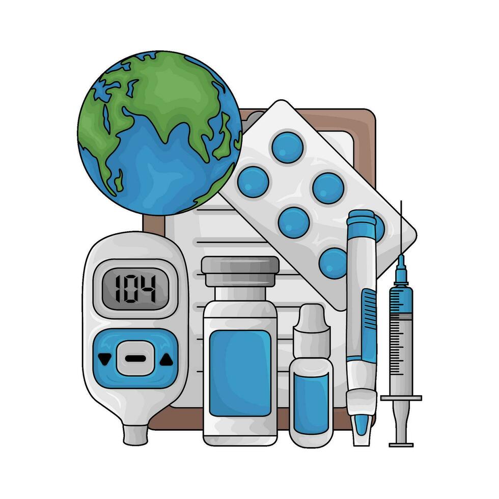 het dossier medicijn, medicijn, insuline pen, injectie suikerziekte, bloed suiker detector machine met aarde illustratie vector