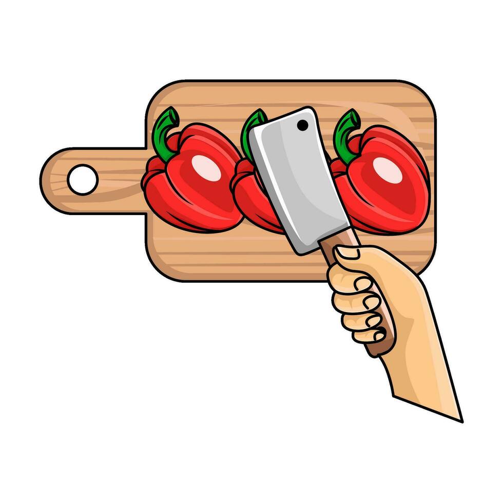 paprika's in snijdend bord met slager mes in hand- illustratie vector