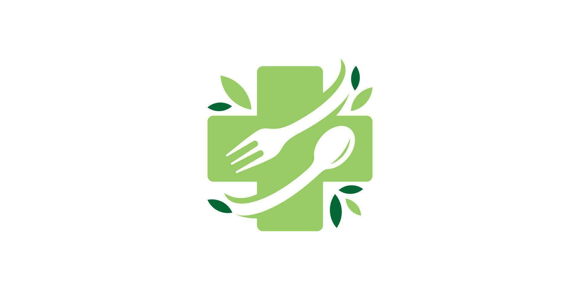 voedsel Gezondheid logo ontwerp met plus teken en vork lepel elementen. vector