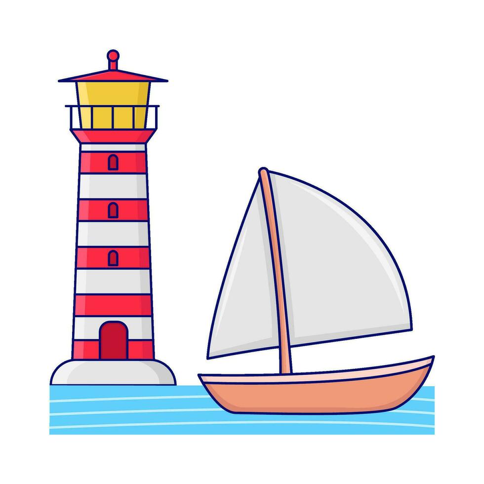 boot in zee met mercusuar illustratie vector