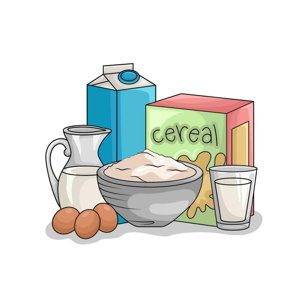 ontbijtgranen doos, tarwe poeder, melk met ei illustratie vector