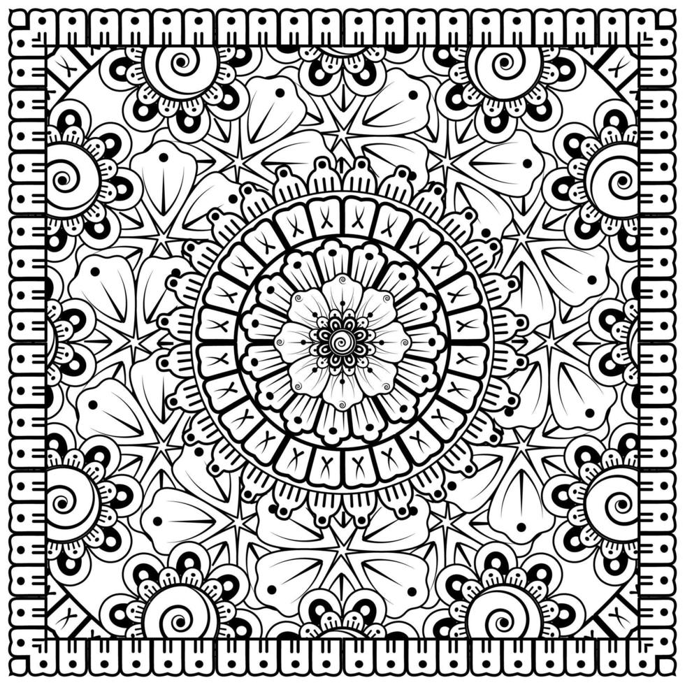 schets vierkant bloemenpatroon in mehndi-stijl voor het kleuren van de boekpagina vector