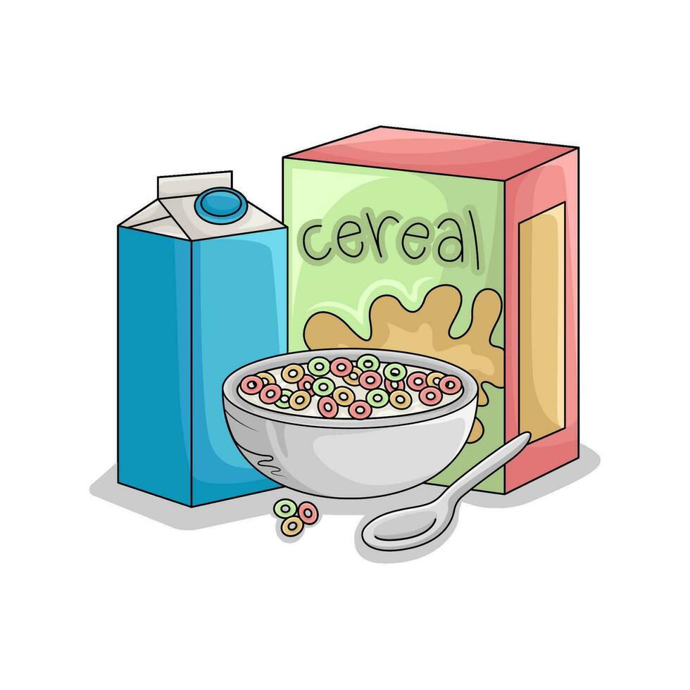 ontbijtgranen doos, melk met ontbijtgranen in kom illustratie vector