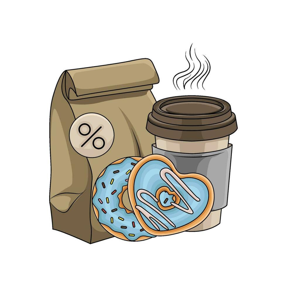 verpakking, donut met kop koffie drinken illustratie vector