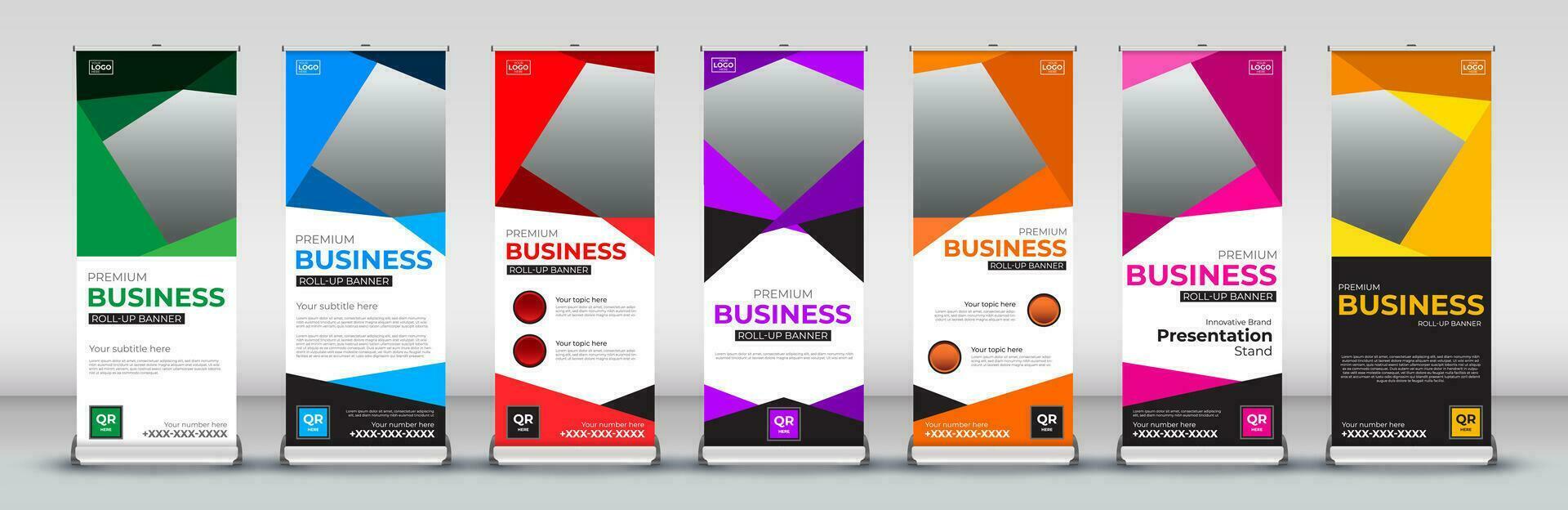 rollen omhoog banier ontwerp sjabloon voor bedrijf evenementen, jaar- vergaderingen, presentaties, marketing, promoties, met rood, blauw, groente, oranje, roze, geel en Purper afdrukken klaar kleuren vector