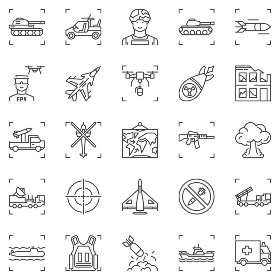 oorlog schets pictogrammen reeks - leger vector concept symbolen. leger tekens