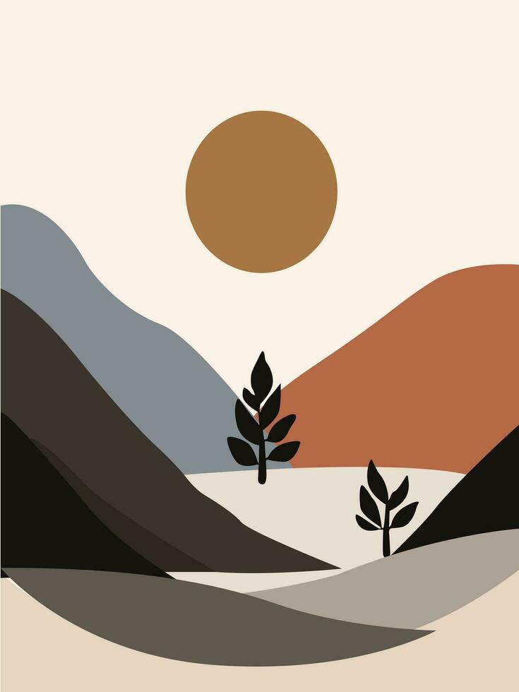 abstract landschap boho muur kunst vector. modern boho natuur landschap met de zon, lucht, rivier, en bergen. vector