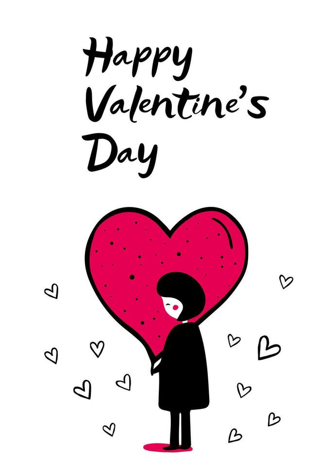 liefde achtergrond met meisje en hart. groet kaart. Valentijnsdag dag concept poster in vlak tekening stijl. vector