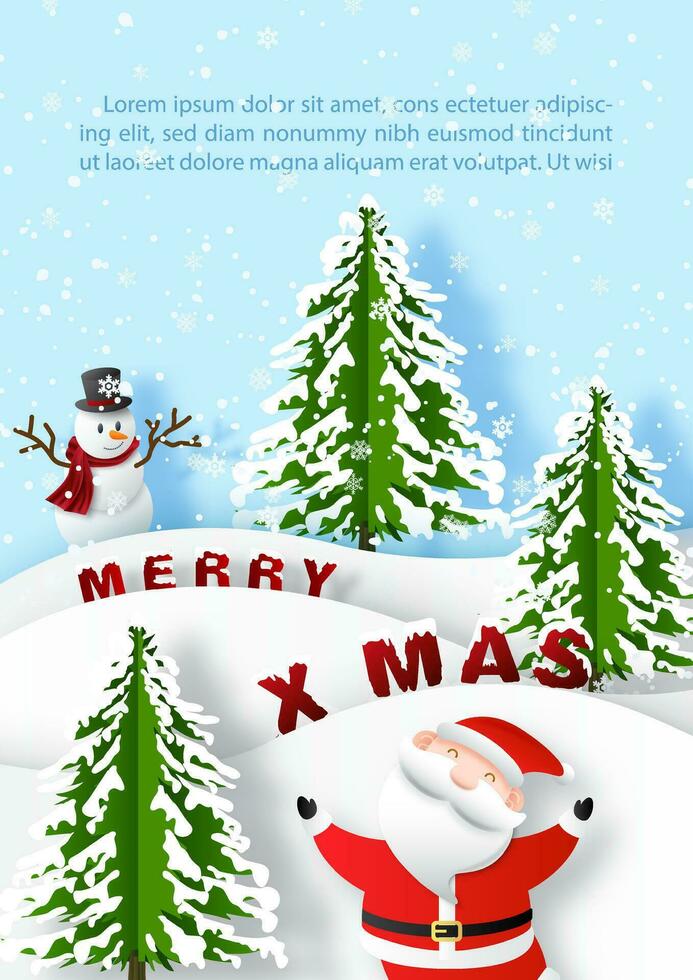 Kerstmis en gelukkig nieuw jaar groet kaart en de kerstman claus, sneeuwman in papier besnoeiing stijl, voorbeeld teksten Aan blauw achtergrond. vector