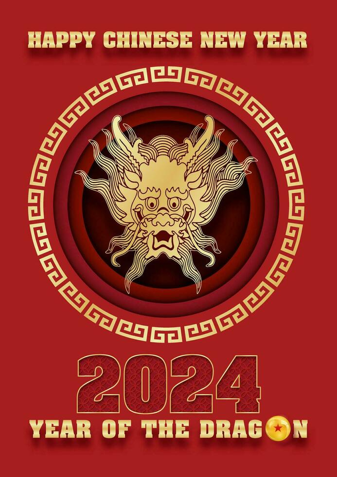 Chinese nieuw jaar groet kaart jaar van de draak 2024 in lagen papier besnoeiing stijl en vector ontwerp.
