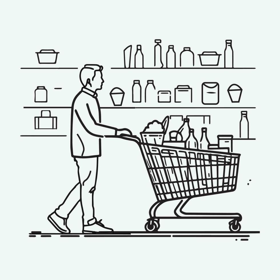 Mens icoon met boodschappen doen winkelwagen.geïsoleerd icoon. vector illustratie.