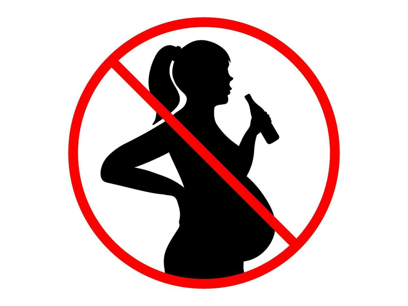verbod teken van zwanger vrouw drinken alcohol. zwanger vrouw met fles van bier in hand. vector icoon voor alcohol fles