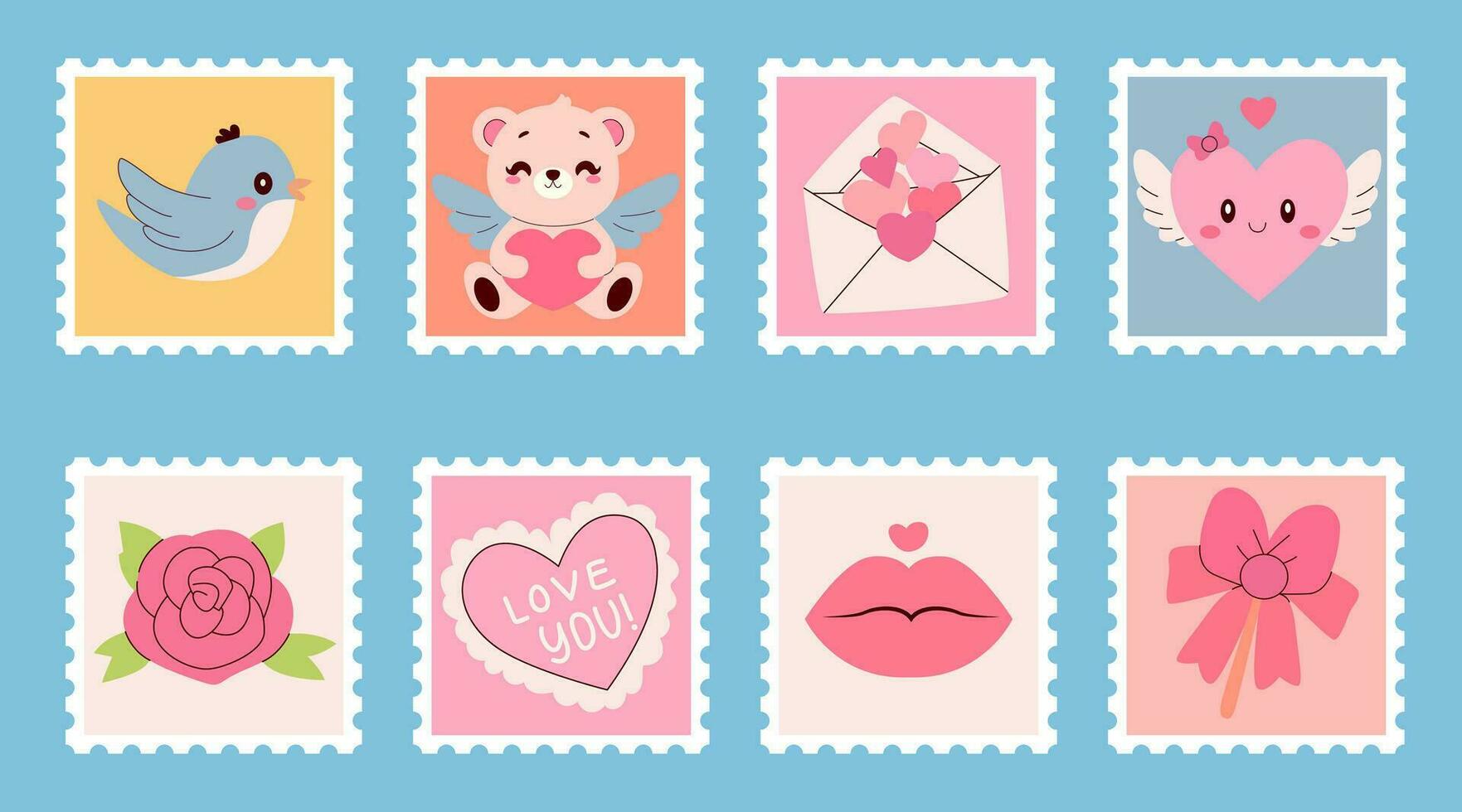 reeks van schattig hand getekend post postzegels met Valentijnsdag dag. modieus vector illustraties in tekenfilm stijl. reeks valentijnsdag dag retro posters in retro 90s stijl.