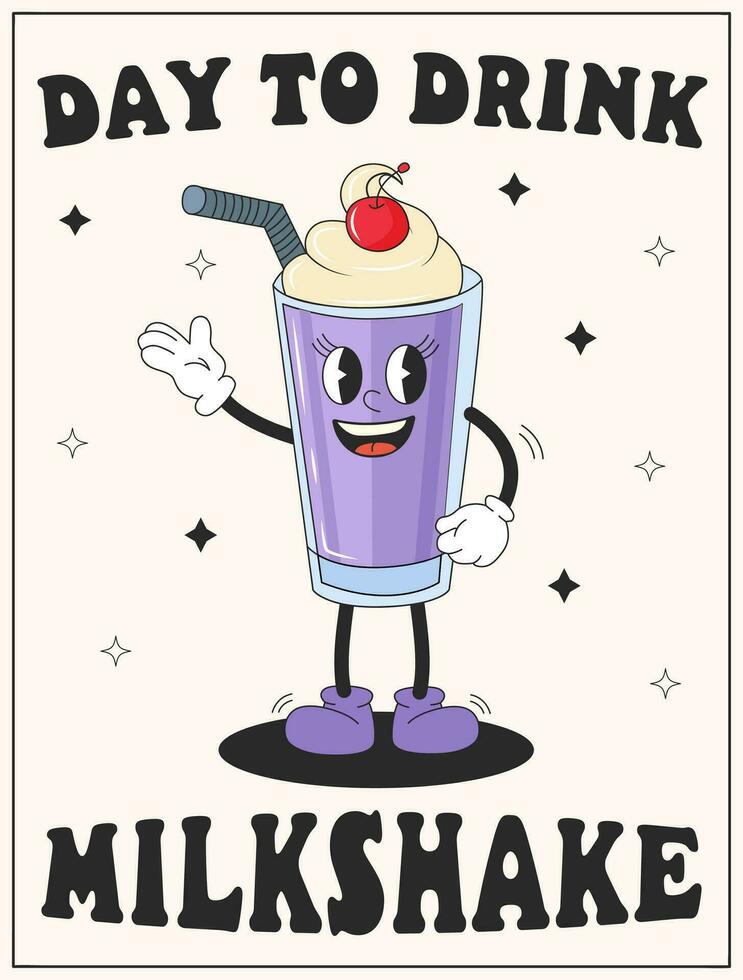 vector tekenfilm retro mascotte van milkshake. belettering dag naar drinken milkshake. wijnoogst stijl jaren 70, jaren 60, Jaren 50 karakter. groovy poster voor koffie huis en cafe.