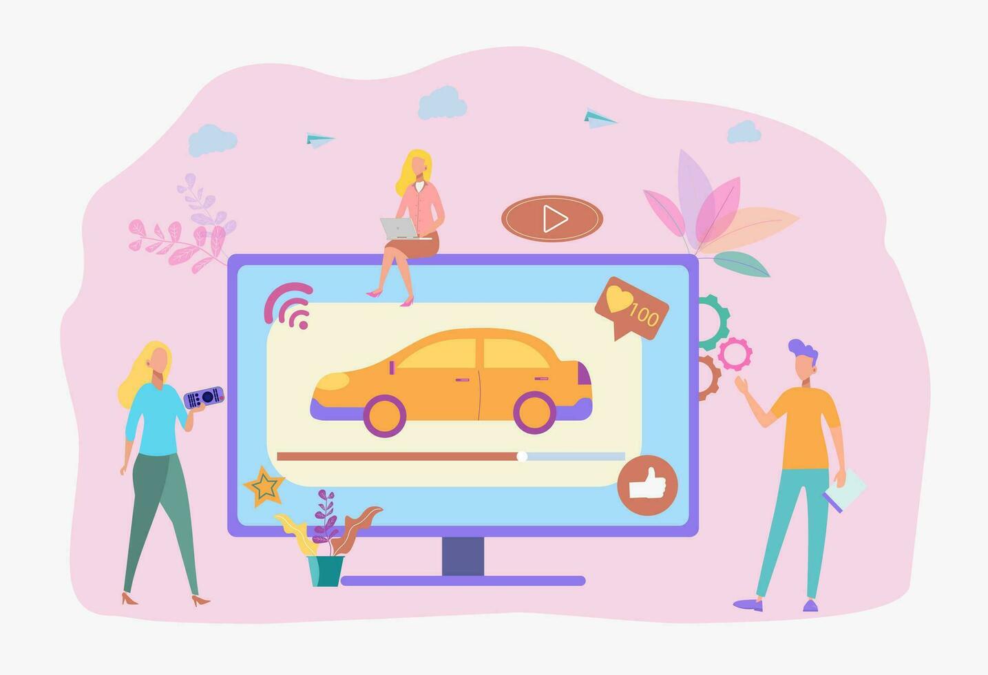 deskundige video over kwaliteit auto's. klanten Kiezen een auto door beoordeling video. auto video opnieuw bekijken, test rit kanaal, auto video reclame concept. kleurrijk vector illustratie