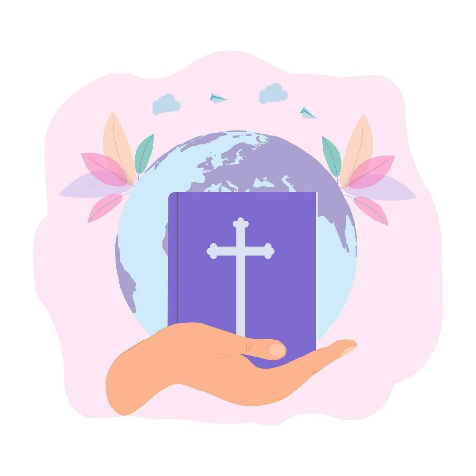 godzijdank handen beschermen de planeet. god geeft mensen hoop. de Bijbel, de woord van god. Christendom. de aantal van gelovigen is groeien. Jezus Christus. heilig plaatsen. Bijbel studie concept. kleurrijk vector