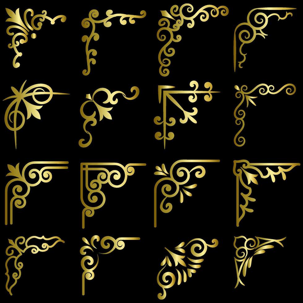 goud vector illustratie van decoratief hoek kader set. hand- trek van hoeken verschillend vormen gouden hoek kader wijnoogst kader decoratie, goud bloemen ornamenten.