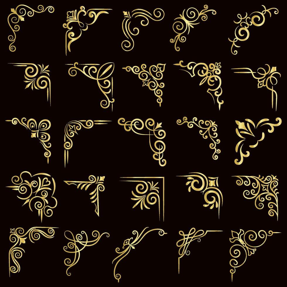 goud vector illustratie van decoratief hoek kader set. hand- trek van hoeken verschillend vormen gouden hoek kader wijnoogst kader decoratie, goud bloemen ornamenten.