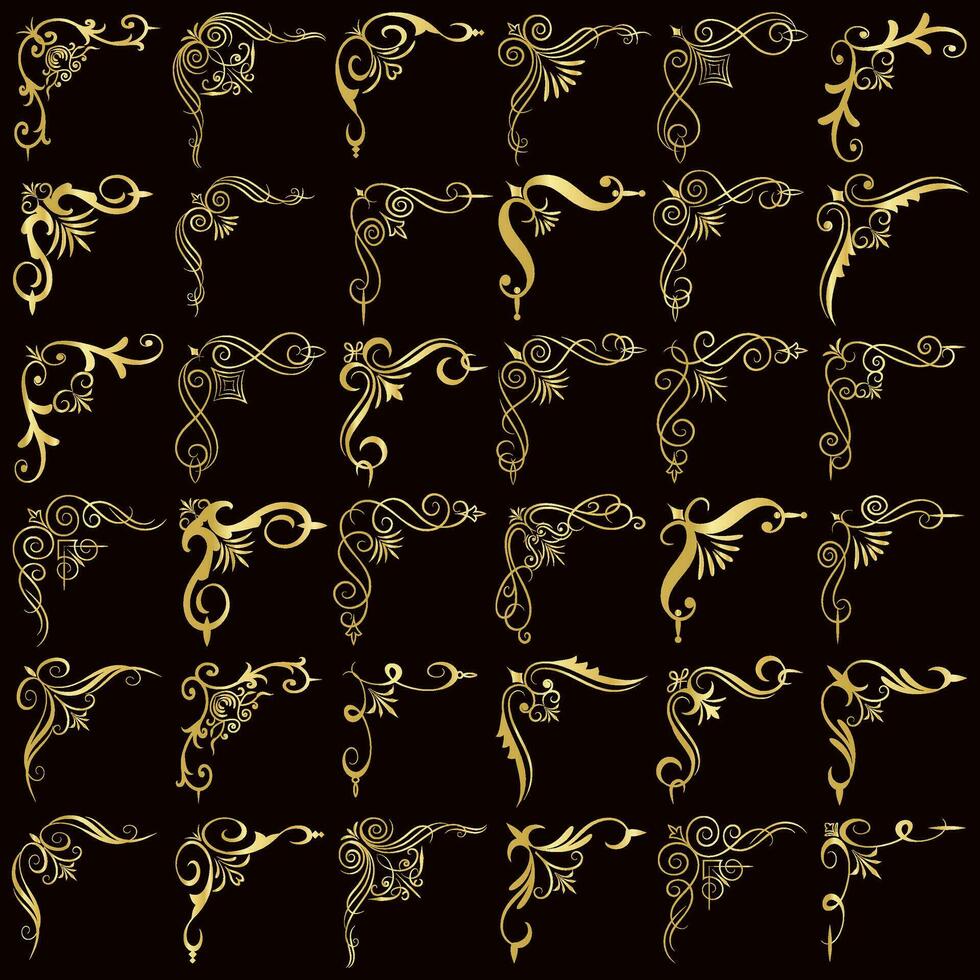 goud vector illustratie van decoratief hoek kader set. hand- trek van hoek kader verschillend vorm gouden hoek kaders en wijnoogst kader decoratie, goud bloemen ornamenten.